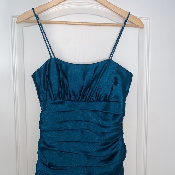 Teal Satin Rouched Mini Dress 2 - Picture 3 of 7
